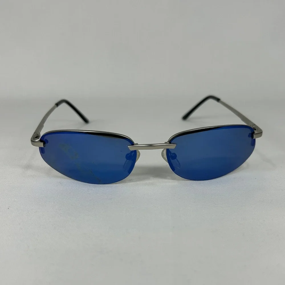 Deadstock Y2K Silver Rimless Sunglasses – Blue Tinted Oval Cyber Shades